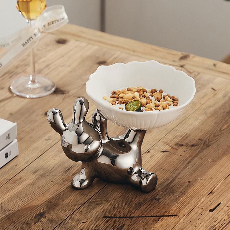 Cartoon-Kaninchen Keramikschale Hoher Tablett-Snackschale Desktop-Aufbewahrungsbehälter Süßigkeitenteller Heimdekorationszubehör