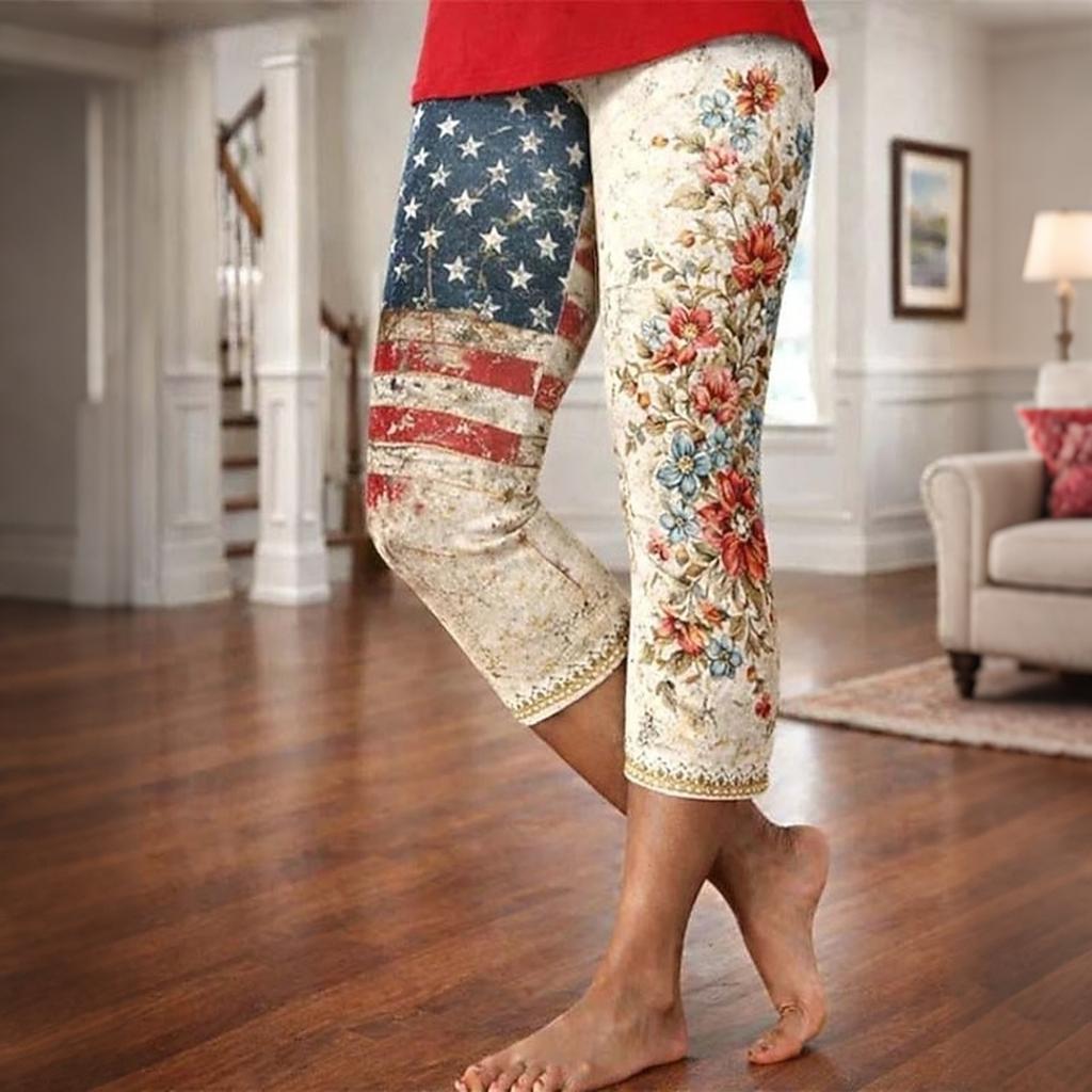 Damen Elastische Taille Capri-Leggings mit Sternenprint Dehnbar Schlanke Passform Sieben Achtellänge Lässige Strandhose für den Sommer