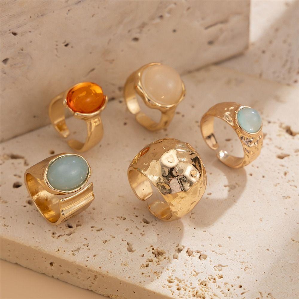 5Pcs Gold Tone Vintage Ring Set Aesthetic Alloy Fashion Jewelry Gift Boho Open Rings  for Women