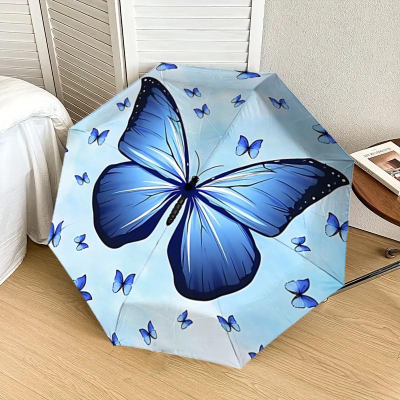 Blue Butterfly Auto Open Close Umbrella - Portable Folding Design with Iron Frame - Gift for Fans, Travelers, Daily Use1121086a