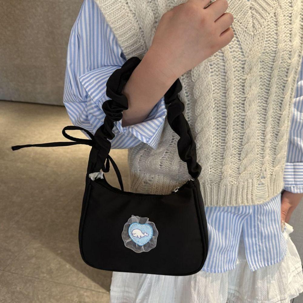 Love Pleated Strap Shoulder Bag Nylon Hobo Bag Cute Canvas Underarm Bag  Office Worker