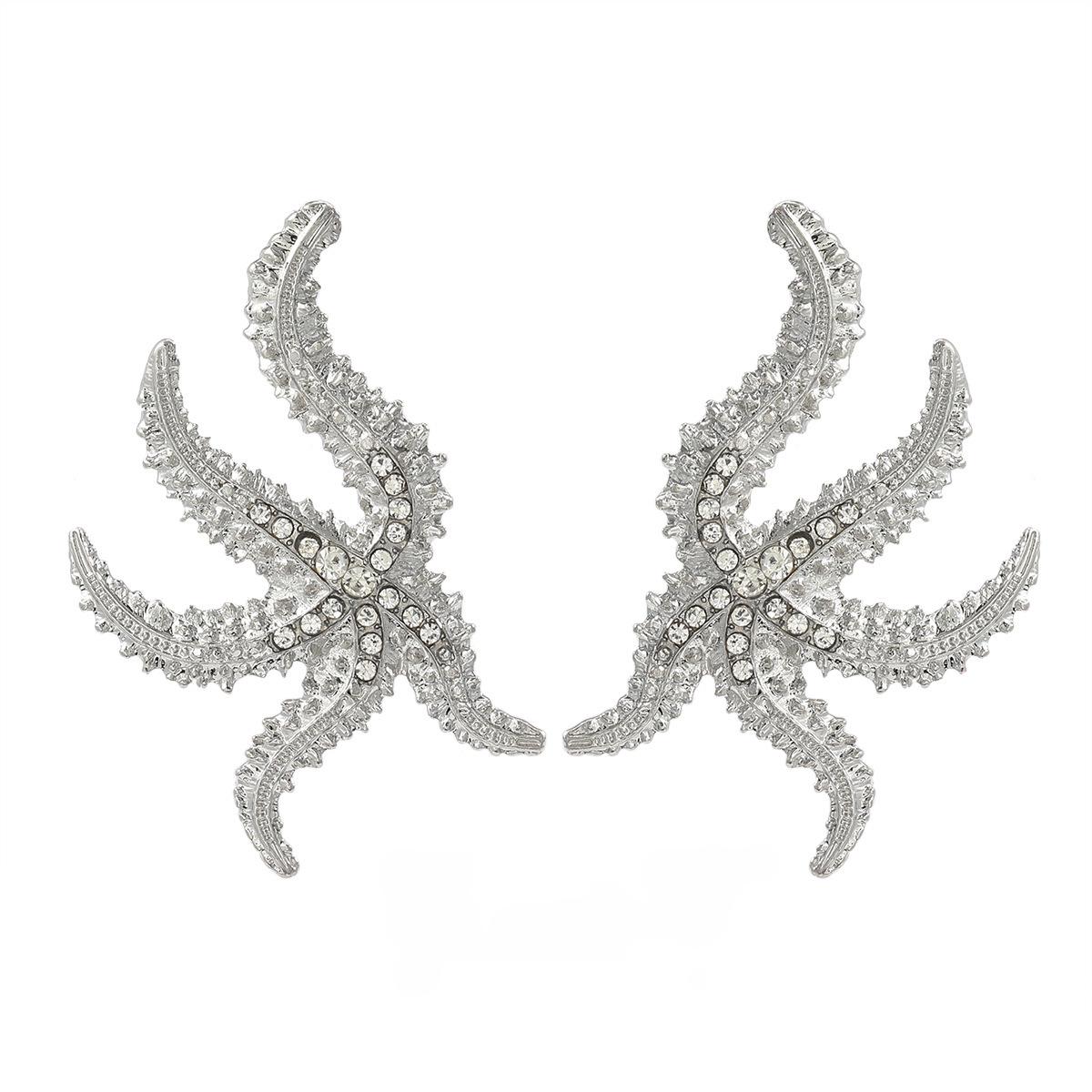 

Summer Ocean Style Starfish Earrings with Alloy Diamonds - Trendy, Exaggerated Party Accessories for Women серебряный