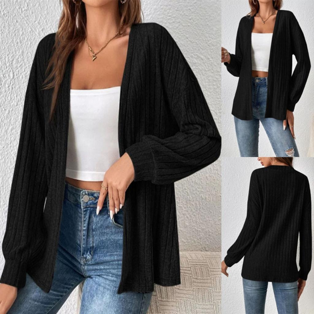 Fall Winter Women's Solid Color Ribbed Knit Cardigan Coat Simple Casual Long Sleeve Outerwear Top for Cross-border Export
