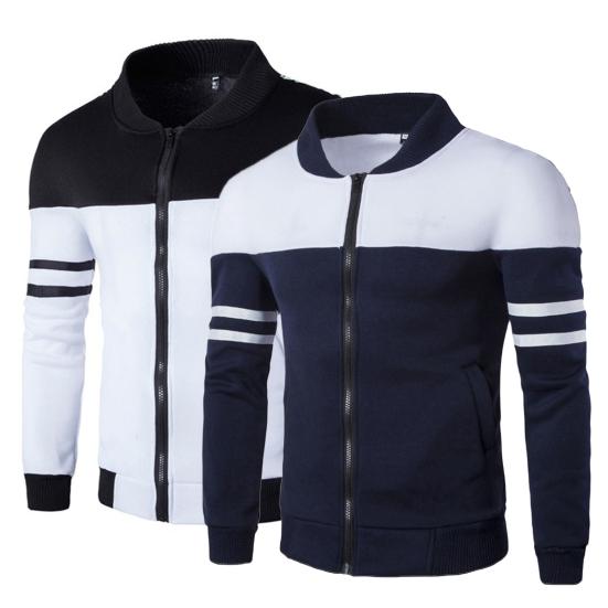 Men Autumn Coat Colors Matching Color Block Long Sleeves Elastic Cuff Anti-pilling Stand Collar Zipper Cardigan Striped Fall Jacket for Home