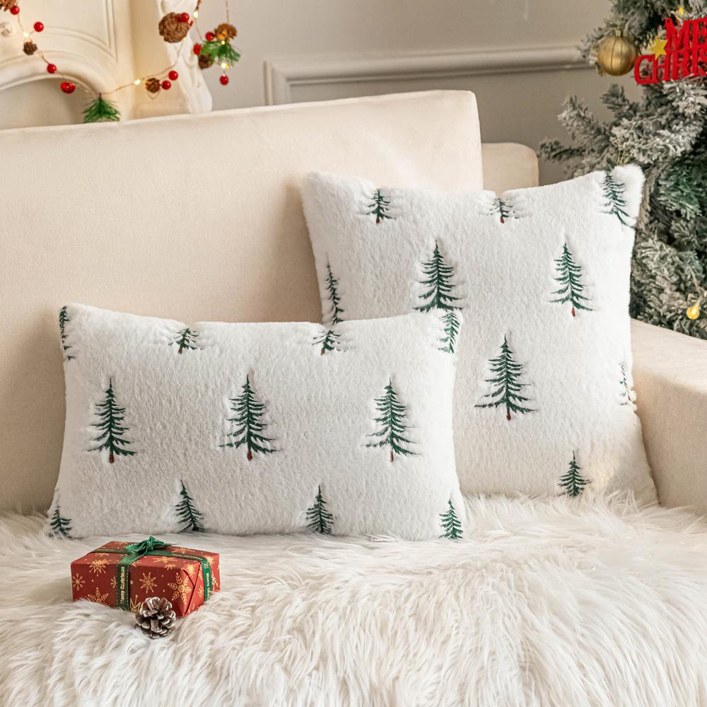 Imitation Rabbit Plush Pillowcase Christmas Tree Embroidery Living Room Sofa Pillow Cushion Christmas Atmosphere Decoration