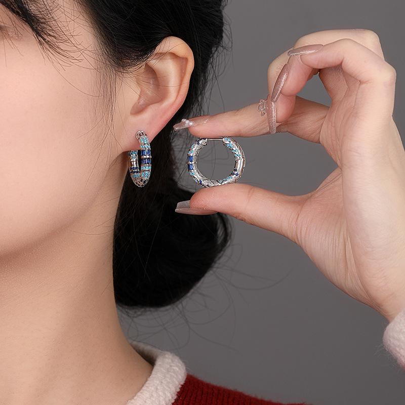 Blue Earrings Minimalist Design Luxury Large Round Hoop Zircon Vintage Elegant Women Earrings