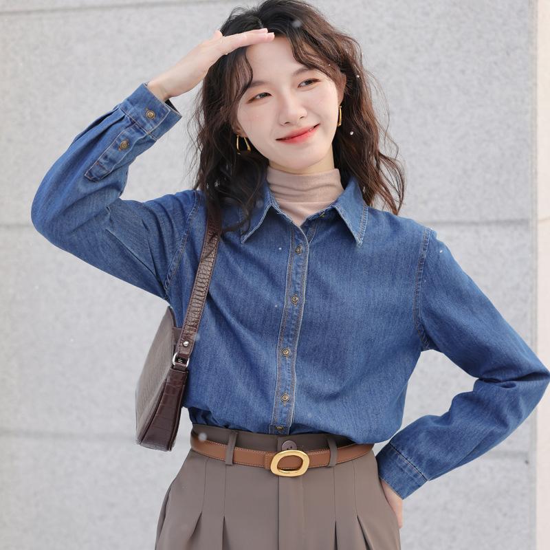 Dark blue soft denim shirt without curling edges, women's autumn and winter insides, stacked long-sleeved shirt, small front shoulder top