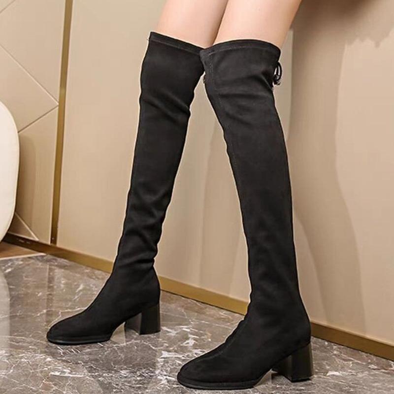

Женские замшевые высокие сапоги, сексуальные туфли на среднем каблуке выше колена, элегантные туфли, женские зимние туфли-лодочки 2025 года, модные новые женские ботинки челси 40 чёрный