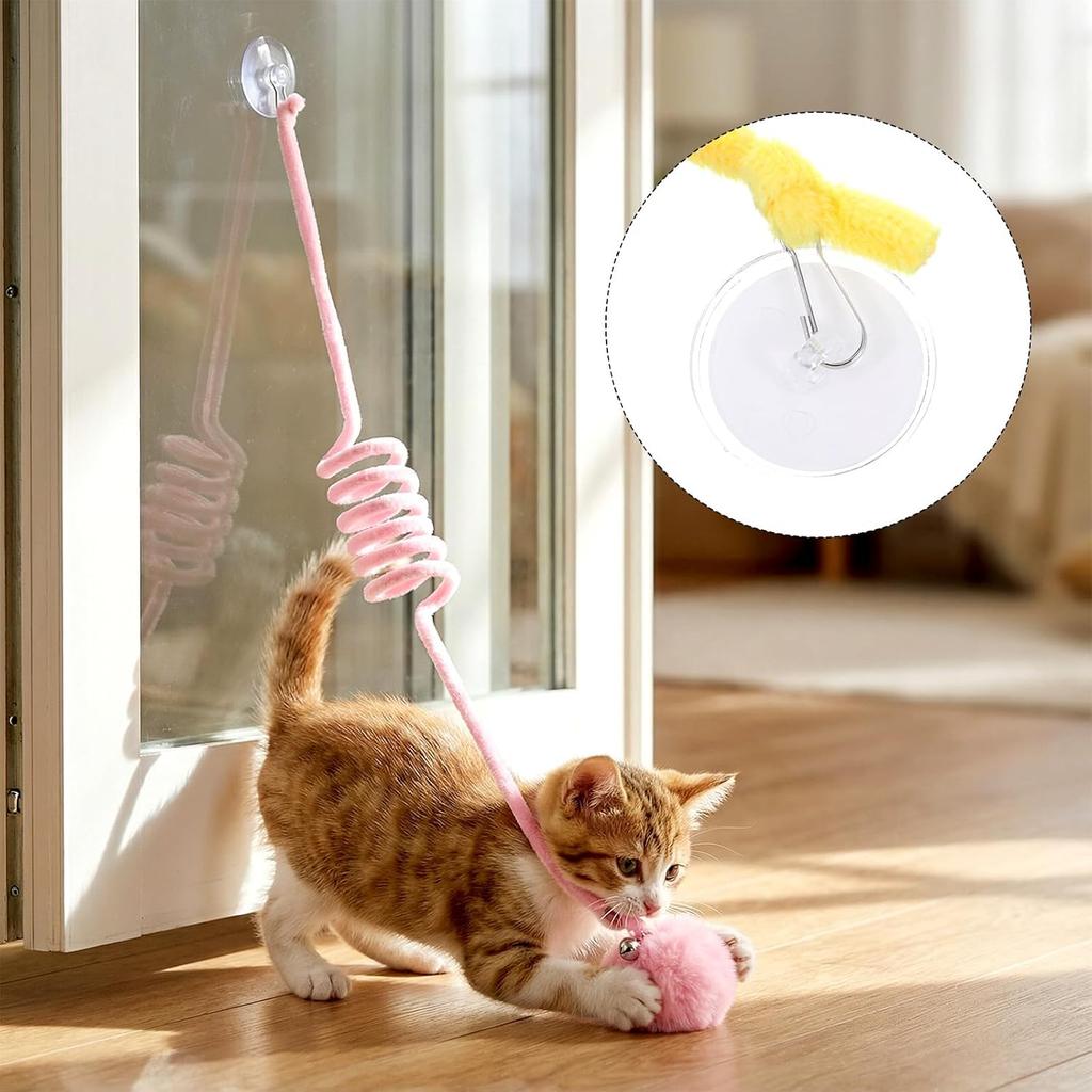 4PCS Cat Spring Toys, Hanging Fluffy Cat Ball Toys with Bell Stretchable Interactive Cats Teaser Soft Plush Interactive Cat Toy for Indoor Cats
