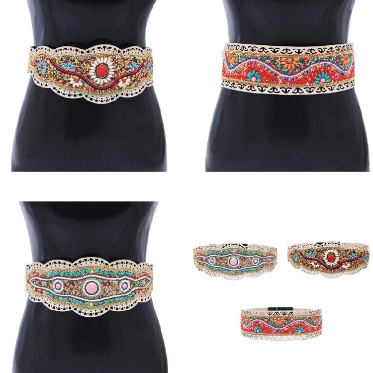 Ethnic Beaded Waist Cincher Stretch Waistband Bohemian Belt Body Girdle Feature Floral Accent for Women's Clothing