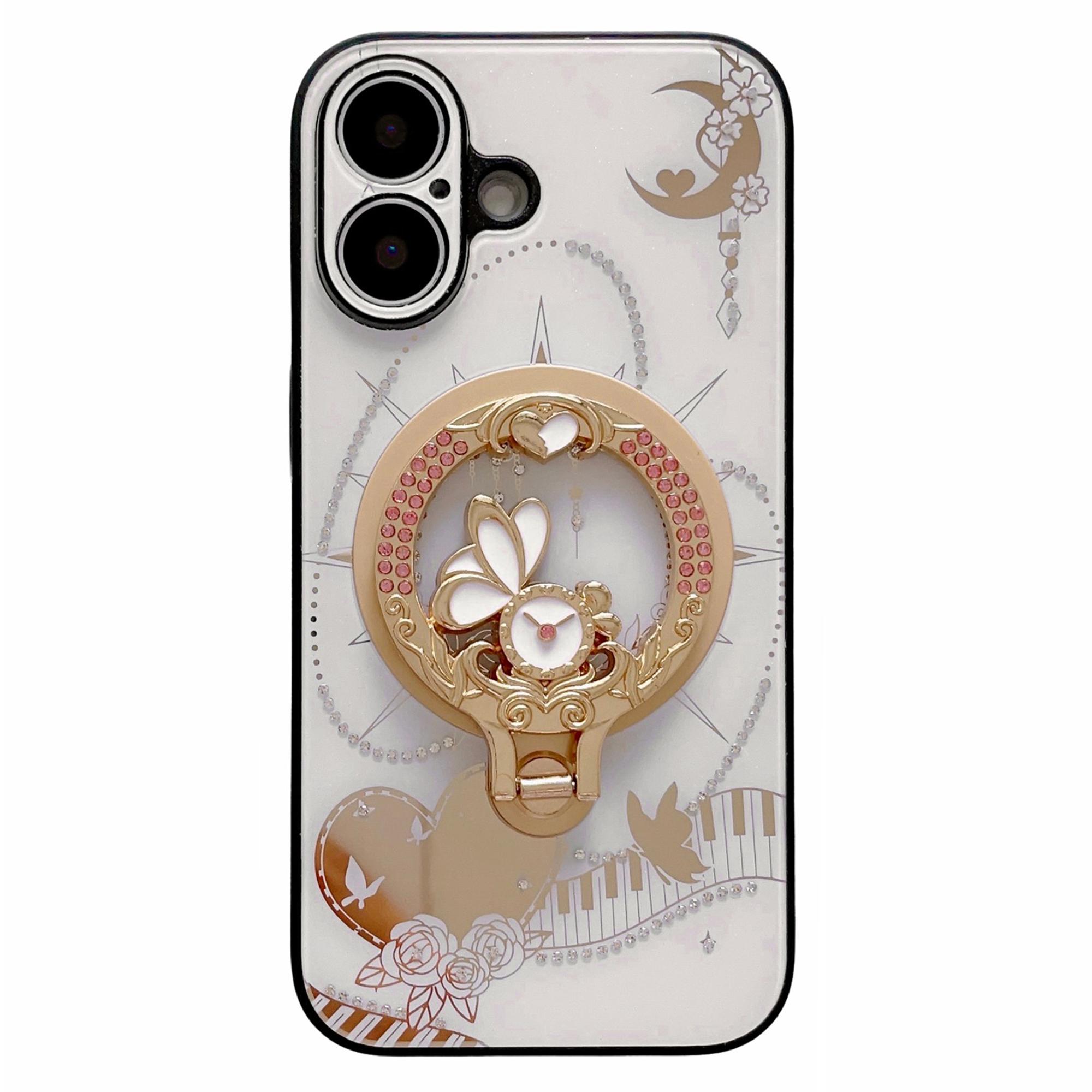 

For iPhone 16 Plus Magnetic Case Kickstand TPU+PC Rhinestones Decor Phone Cover White