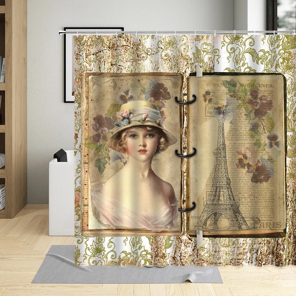 Retro Paris Tower Flower Oil Painting Shower Curtain Elegant Fabric Waterproof Bathroom Decor Screens Bath Curtains With 12 Hook