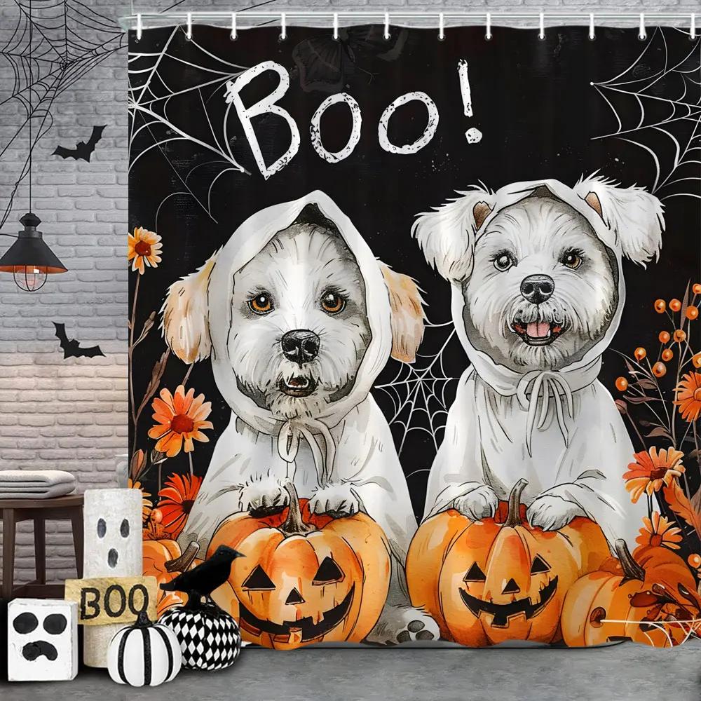 Funny Cat Halloween Shower Curtain Pumpkin Spider Animal Holiday Gift Polyester Curtains Bathroom Decor Hooks For Made Of