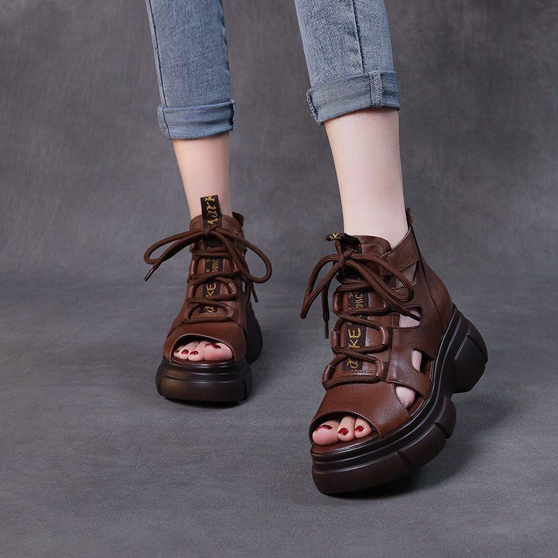 Thick-soled retro soft leather hollowed-out women's sandals 2025 summer muffin bottom middle heel fish mouth lace-up flat-soled sandals women