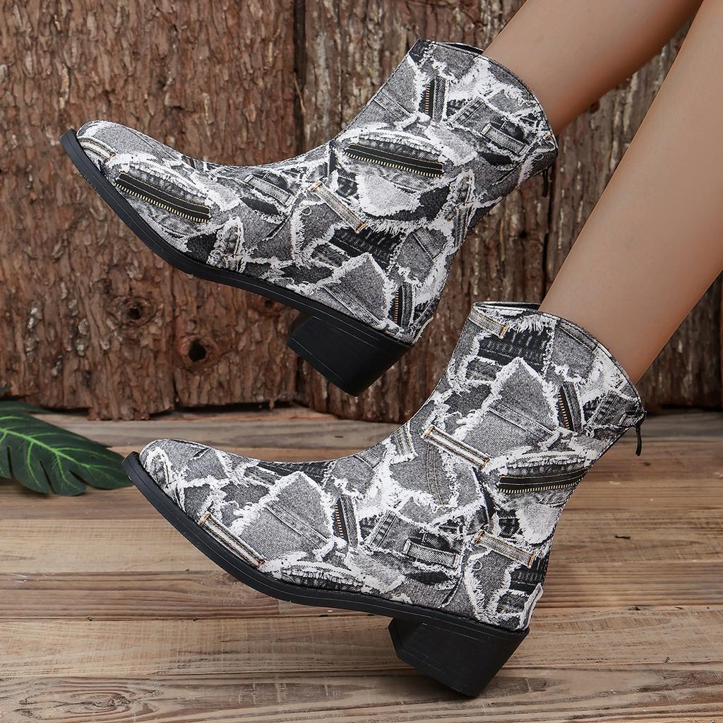 Fashion Large Size Ankle Boots for Women 2024 Winter New Short Tube, Back Zipper, Pointed Toe, Thick Heel, Low Heel Women's Boots