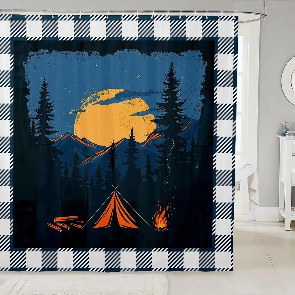 Zasłona prysznicowa do kampera Happy Camper Przyczepa Samochód Kamper Rv Las Góry Namiot Camping Łazienka Zasłona prysznicowa Wodoodporna Zasłona do wanny