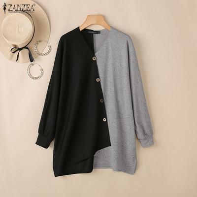 Women Casual V-Neck Long Sleeve Loose Patchwork Blouse