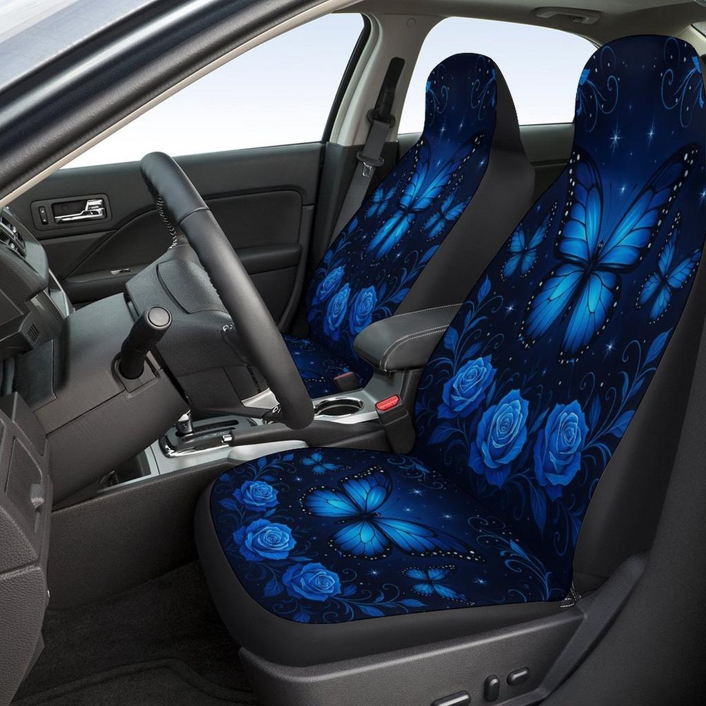 Blue Butterfly Roses Designed Car Seat Cover Set For Most Cars, High-quality Comfortable Car Seat Protector Covers Full Set, Uni