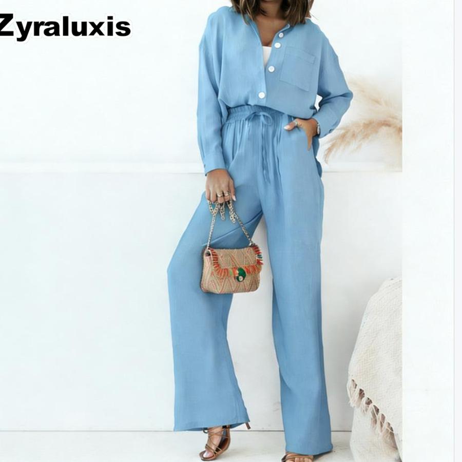 Loose Fashion Long Sleeve Shirt Wide Leg Pants Casual Pure Color Women's Set Old Money Style