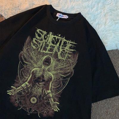 Damen T-Shirt Y2K Grunge Baumwolle Goth Kurzarm T-Shirt Damen Locker Y2k Print T-Shirt High St