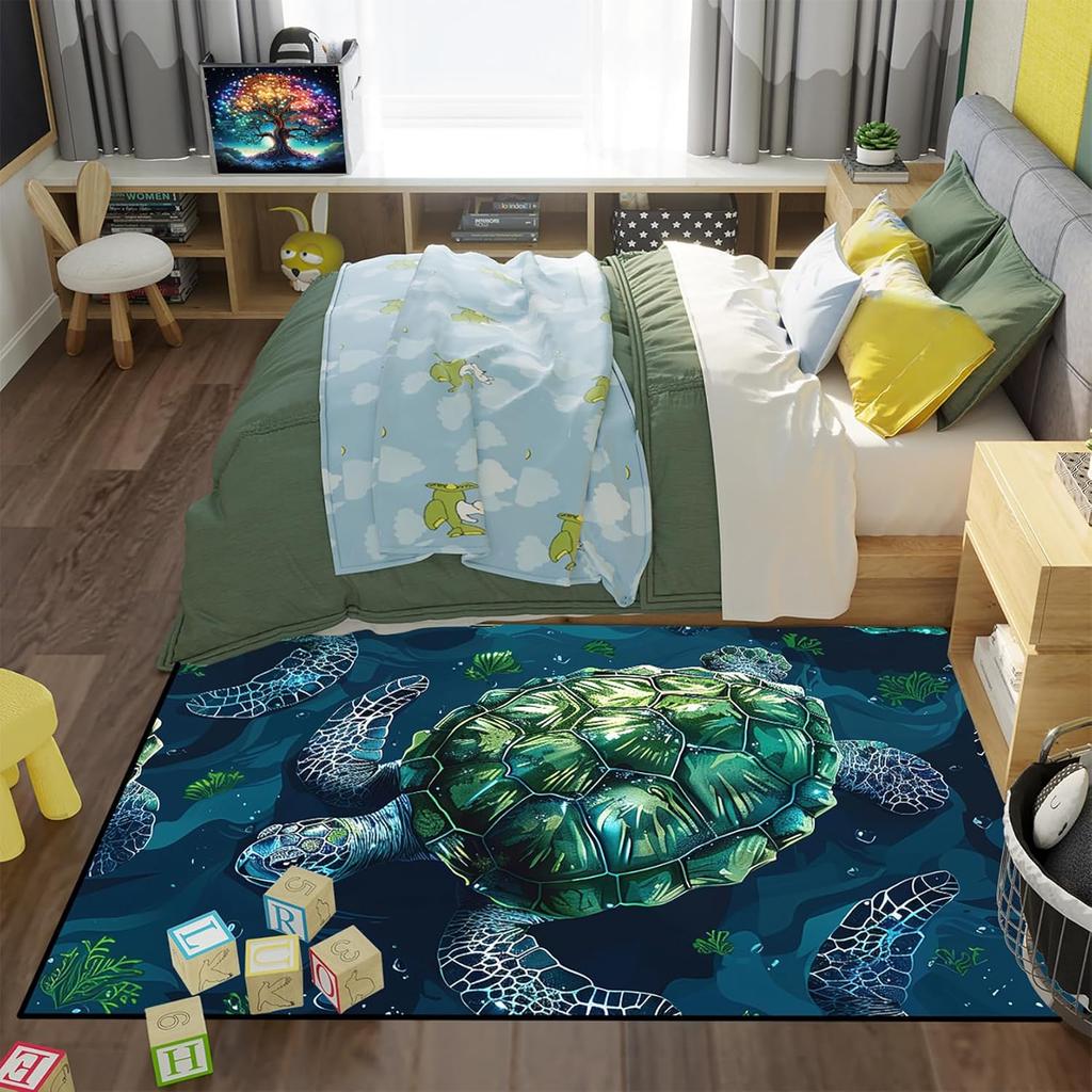 Green Sea Turtle Area Rug for Kids and Adults, Ocean Animal Print Carpet, Coastal Decor Non-Slip Rug for Bedroom and Living Room
