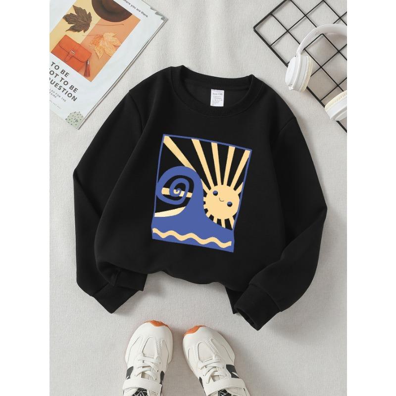 European sizes Girls' Long-Sleeve Round Neck Sweatshirt "Dream Chaser Sun" Print, Spring/Autumn, Casual, Daily & Sports.