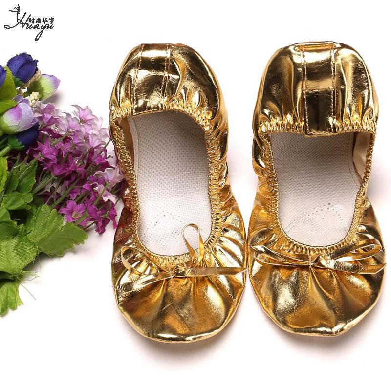 Huayu Dance Performance Shoes: Gold Belly Dance Flats with Soft Sole & High Heel Versatile for Indian and Square Stage
