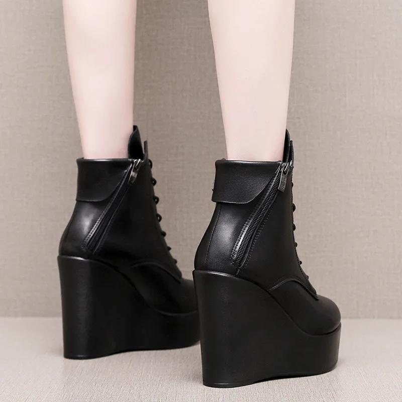 10cm 12cm Small Size 33-43 Fashion Platform Wedges Shoes Women Boots Leather 2025 High Heels Motorcycle Ankle Boots Office Mom