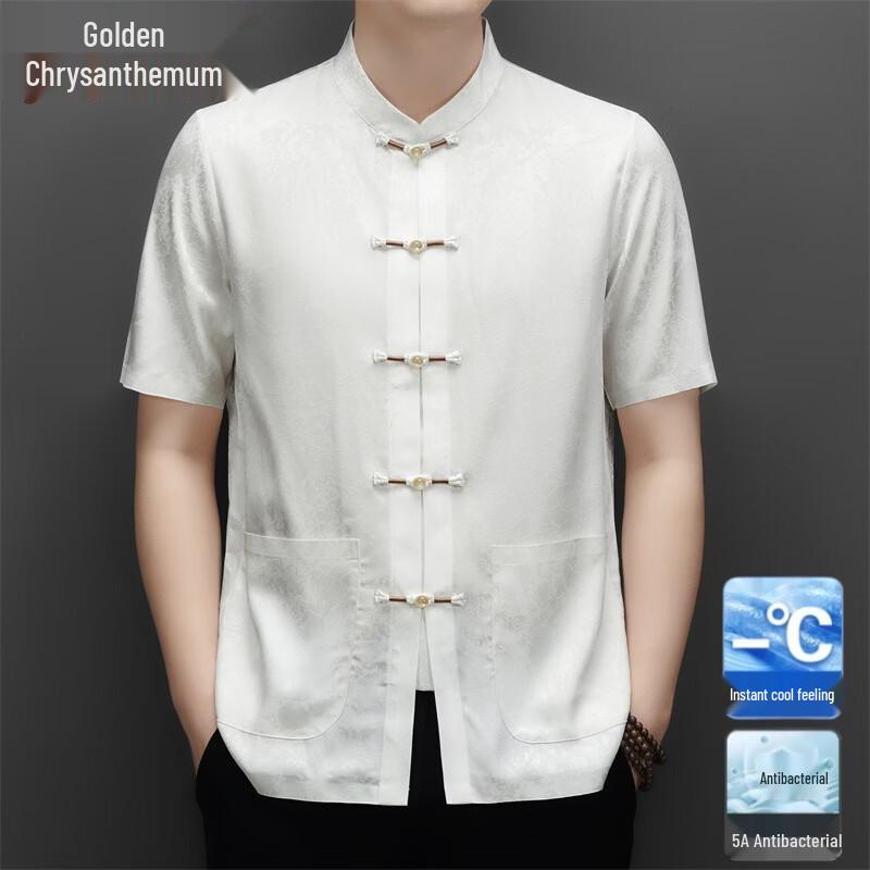 Men s Ice Silk Golden Chrysanthemum Print Tang Suit Shirt 170
