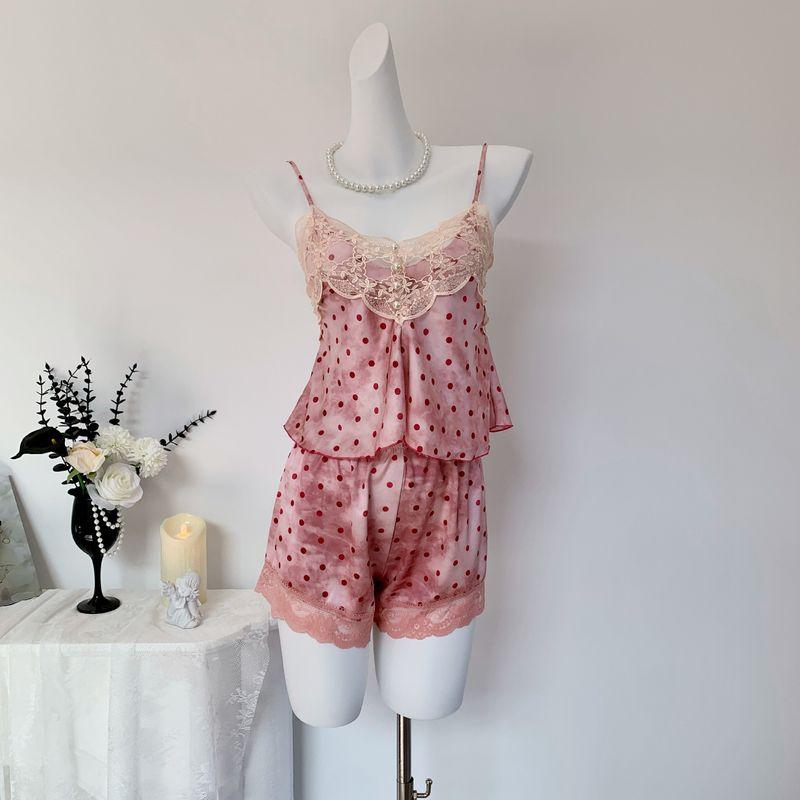 

Good Morning with You Strawberry Jelly Sexy Ice Silk Pajamas 2025 New Arrival Lace Sling Pure Desire Home with Chest Pad Pink (sling + shorts) XL