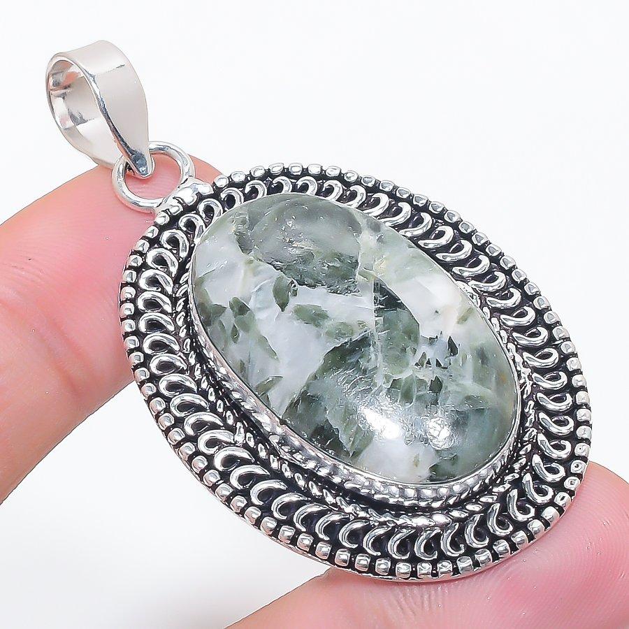 Green Tourmaline Gemstone 925 Sterling Silver Jewelry Pendant 2.36"