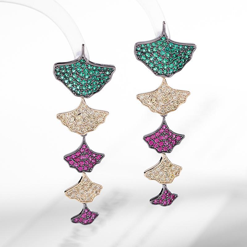 Micro Pave Colorful Zirconia Leaf Dangle Earrings for Women Brand Designer Luxury Wedding Temperament Ginkgo Biloba Earrings