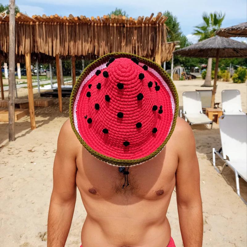Handmade Summer Sun Hat - Ice Silk Pointed Top with Watermelon Design, Wide Brim, UV Protection for Men and Women