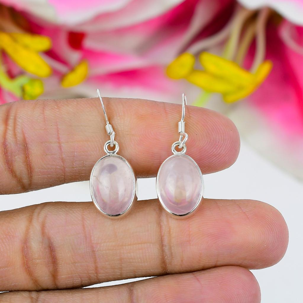 Natural Rose Quartz Gemstone 925 Solid Sterling Silver Gift Earring 1.25" G5a56