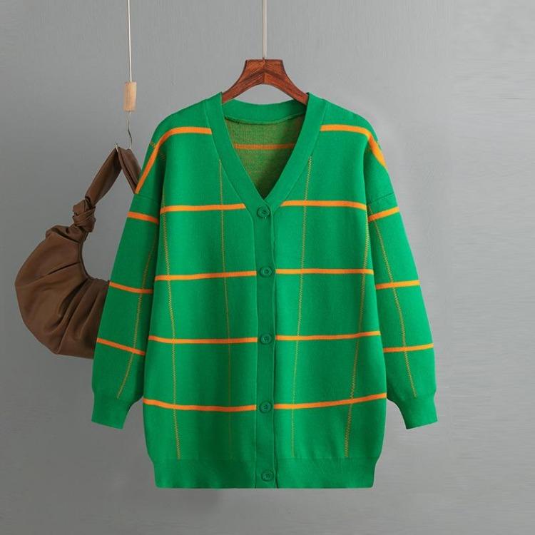 Autumn Winter Women Jacquard Sweater Loose Knit Coat V Neck Long Patterned