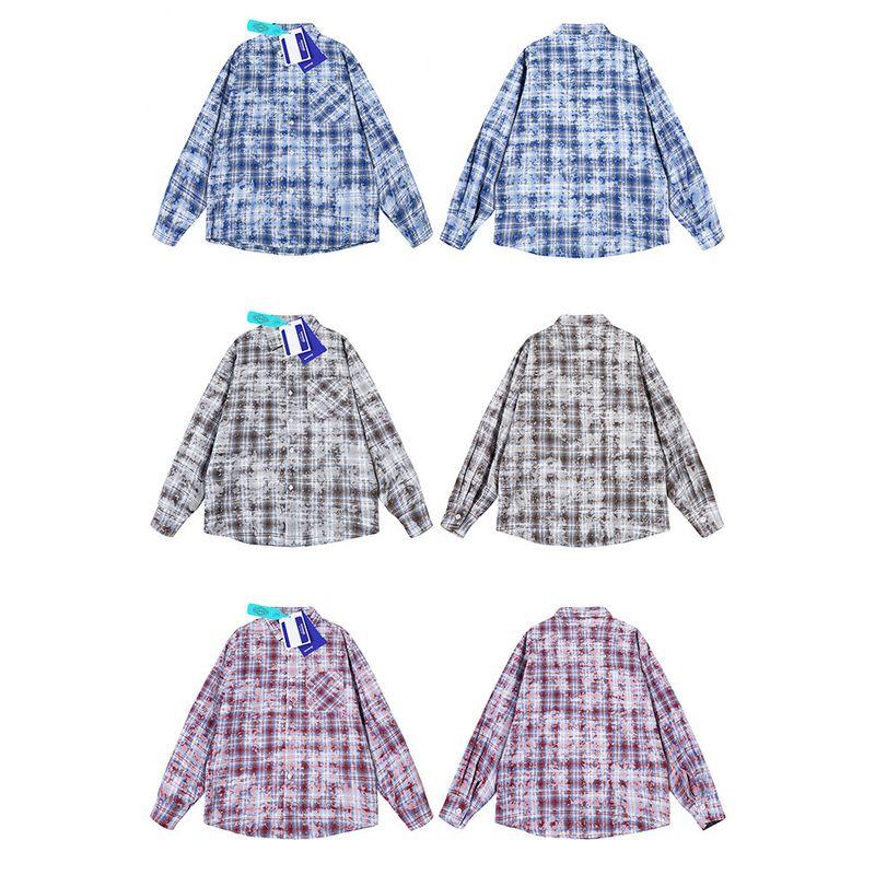 Wassup Trendy Tie-Dye Plaid Shirt for Men, Spring and Summer American Vibe Long-Sleeve Work Shirt, High Street Casual Jacket