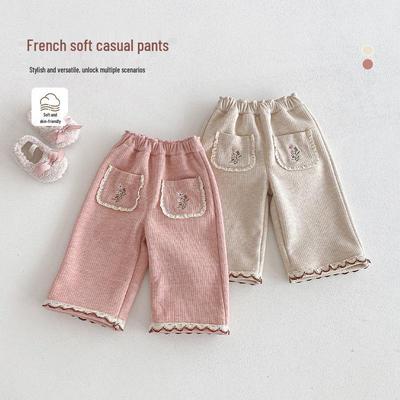 2025 Winter Girls' Embroidered Velvet-Lined Korean Style Lace Pants - Stylish Straight Leg