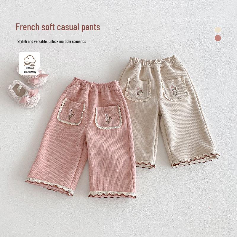 Pantaloni in Pizzo Stile Coreano con Ricami e Fodera in Velluto per Ragazze - Eleganti Gamba Dritta - Inverno 2025
