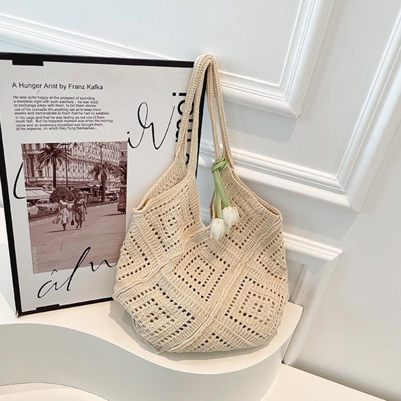 

Новый тренд Женская сумка Вязаная крючком сумка-тоут в стиле ретро Вязаная однотонная сумка с полым верхом и ручками для ношения в руке Дорожная сумка для шопинга через плечо 44x24x1cm бежевый