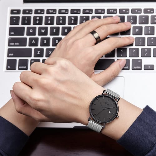 BUREI Men's Watch, Simple, Waterproof, Analog, Popular, Stylish Milanese Design with Mesh Strap, Gray/Black