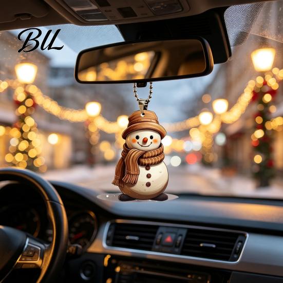 Indoor Holiday Home Ornament Cute Snowman Acrylic Pendant, 2D Flat Car Rearview Mirror Hanging Artistic Figurine Charm Decoration with Keychain Ring,