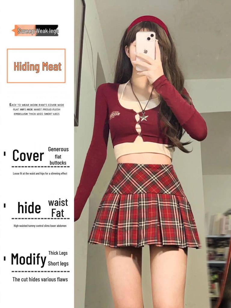 Plus-Size Red Plaid High-Waist A-Line Short Skirt for Women - Autumn 2024 Design