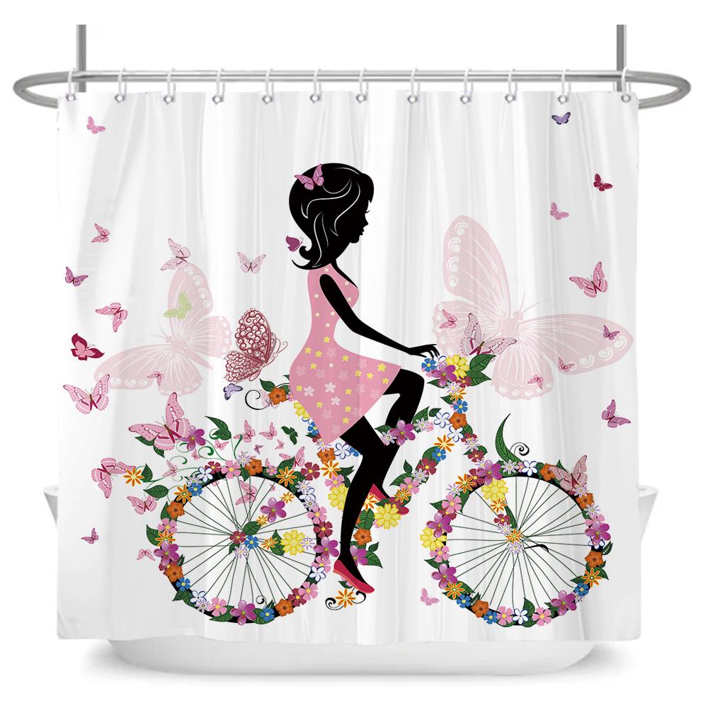 Beautiful Flower Butterfly Girl Shower Curtain Waterproof Shower Curtain Bathroom Partition Curtain Bathroom Decor Accessories