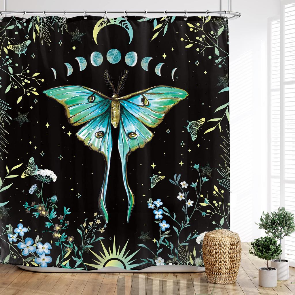 Gold Moth Shower Curtain Moon Phase Curtains For Bathroom Gothic Black Butterfly Moonlit Bath Curtain Psychedelic Bathroon Decor