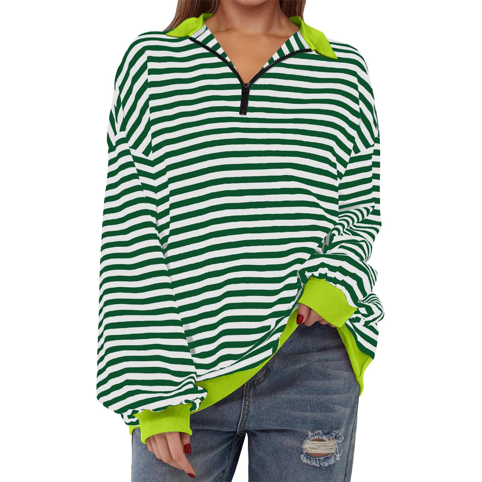

Жіночий повсякденний модний світшот з довгим рукавом на блискавці з принтом у смужку XL зелений