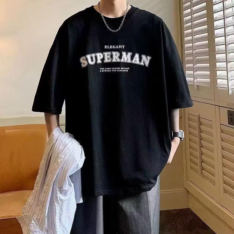 

Мужская футболка с коротким рукавом, в иностранном стиле, свободная, с принтом корейских букв, с круглым вырезом, повседневная, летняя, универсальный топ M чёрный