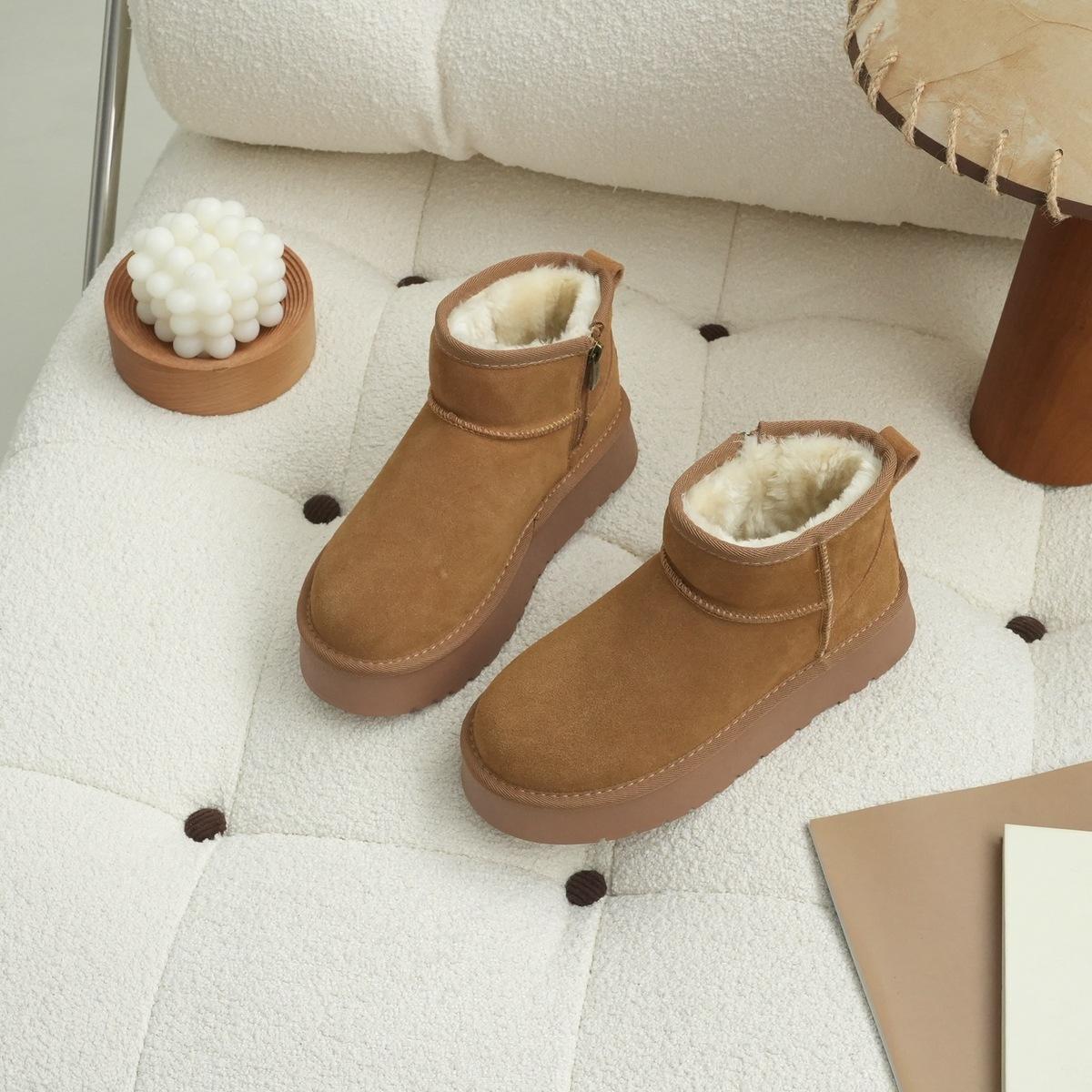 

XSHX retro Australian Winter Rain anti-splash fleece leather women s shoes snow boots heightened thick-soled side zipper 249025 38