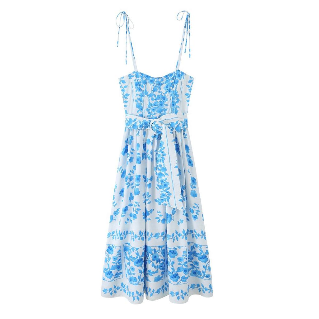 Summer new French retro fashion temperament belt printed poplin Midi suspender dress