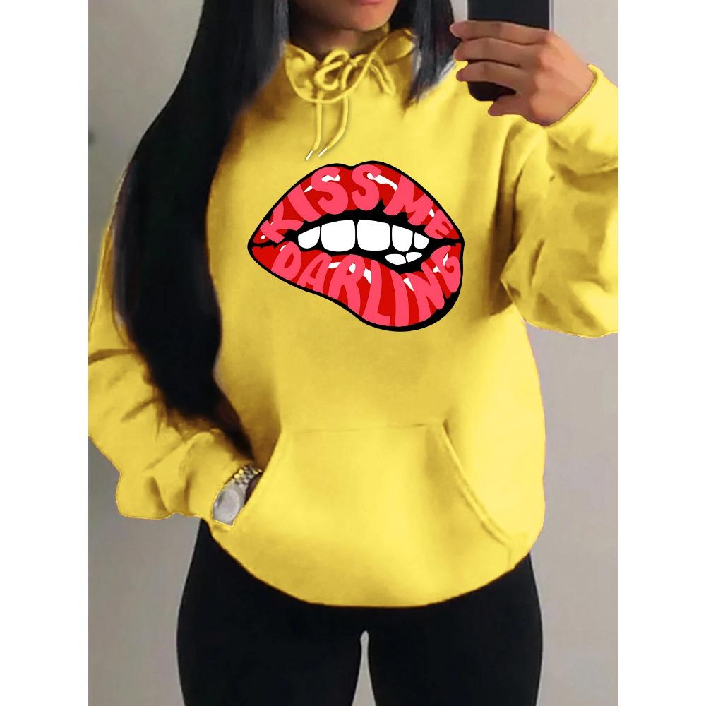 Kiss Me Darling Red Lips Print Hoodies Woman Autumn Fleece Hoody Casual Hip Hop Streetwear Loose Pullovers