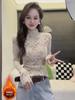 Chic French Lace Brushed Base Layer Top with Fleece, Semi-High Neck, and Stylish Cutout